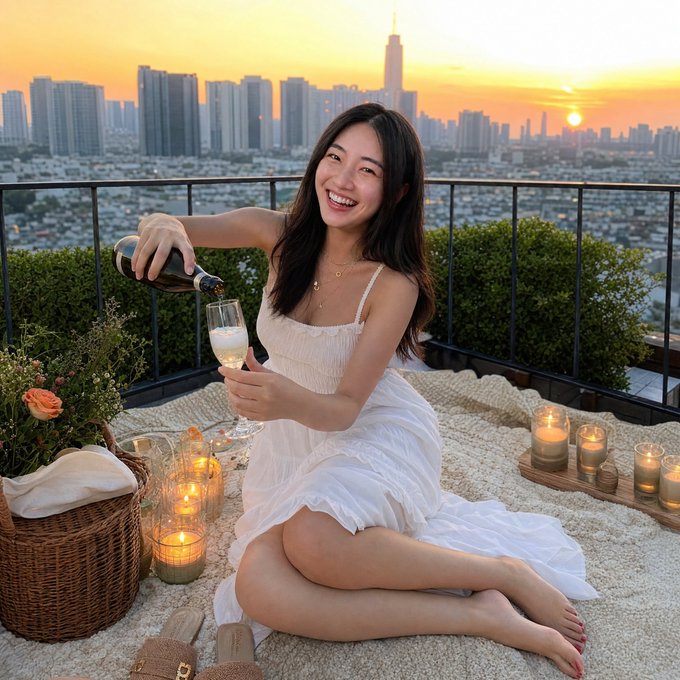 A woman in a white dress pours champagne on a rooftop at sunset with a city skyline in the background, surrounded by candles and a picnic setup.