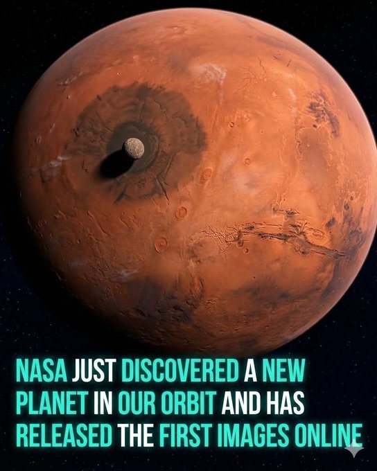 A reddish-orange planet resembling Mars dominates the frame, with a small moon-like object passing in front of it against a starry black background. Bold teal text at the bottom reads "NASA JUST DISCOVERED A NEW PLANET IN OUR ORBIT AND HAS RELEASED THE FIRST IMAGES ONLINE," reinforcing the post's "out of this world discovery" theme with a dramatic deep-space visual.