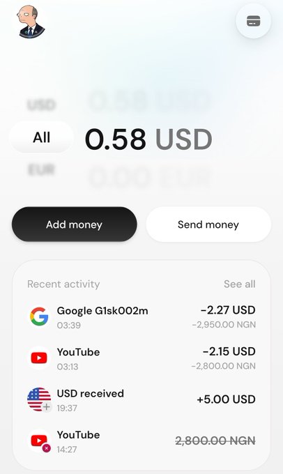 A mobile banking app showing a balance of 0.58 USD with recent activity including transactions from Google Gisk002m, YouTube, and a USD received entry.