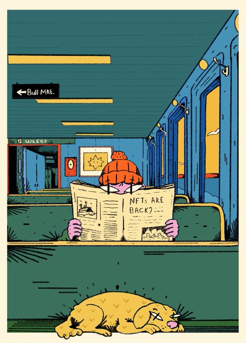 A comic-style illustration showing a person in an orange hat reading a newspaper with the headline 'NFTs ARE BACK?', while a sad-looking yellow dog lies on the ground below. A sign pointing to 'Bull Mkt.' is visible in the background.