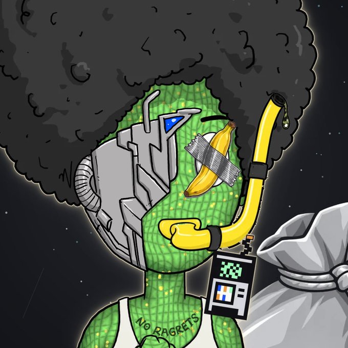 A humorous drawing of a green, grid-patterned humanoid labeled “NO RAGRETS,” wearing mechanical and banana-themed accessories while surrounded by dark smoke.