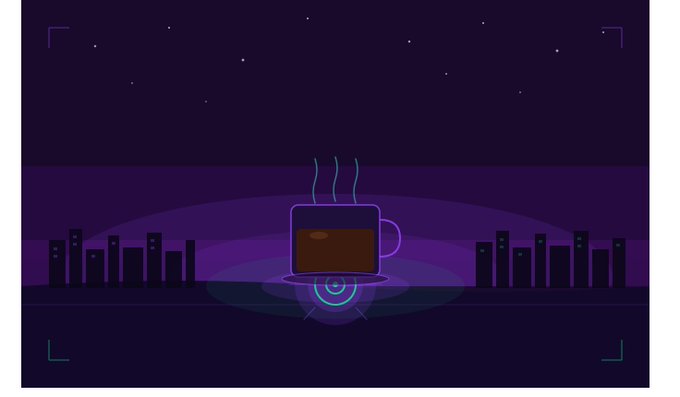 A dark purple minimalist illustration of a steaming coffee cup on a glowing circular platform, with city building silhouettes in the background under a starry night sky.