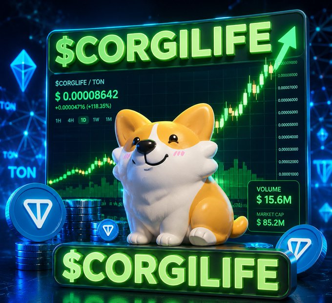 The image features a cartoon corgi toy sitting next to a price chart, which reads "$CORGILIFE" with a green arrow indicating that the value is turning green. There are also blue coins scattered around the scene. In addition, there's a post about investing in $CORGILIFE and its relation to social media posts within the community. The overall theme of the image seems to be about pets, specifically corgi toys, and how they could potentially grow in value over time or if people invest in them.