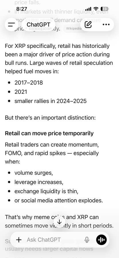 The image shows a cell phone screen that displays a screenshot of an article from a website. There are several bullet points with text describing various topics related to xrp (XRP) or cryptocurrency. Additionally, there's a chart on the screen representing historical trends in retail price action during the year. One of the main topics discussed is how XRP can be used by retail traders to hedge against price fluctuations and protect their portfolios from sudden changes in the market.