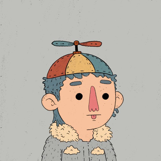 A cartoon illustration of a character wearing a propeller beanie hat with red and yellow panels, a fuzzy collar jacket, and a long pink nose, with their tongue sticking out.