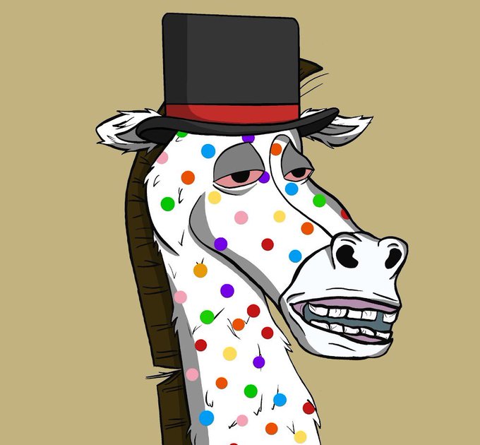 A cartoon illustration of a giraffe's head and neck covered in multicolored polka dots, wearing a black top hat with a red band and metal braces on its teeth.