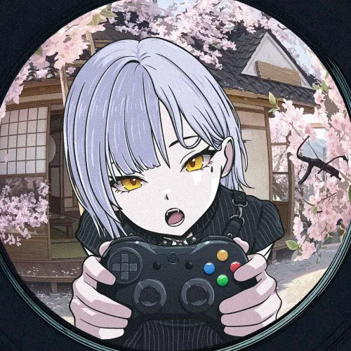 Anime-style illustration of a silver-haired character with yellow eyes holding a black game controller, framed in a circular vignette with cherry blossoms and a traditional Japanese building in the background.