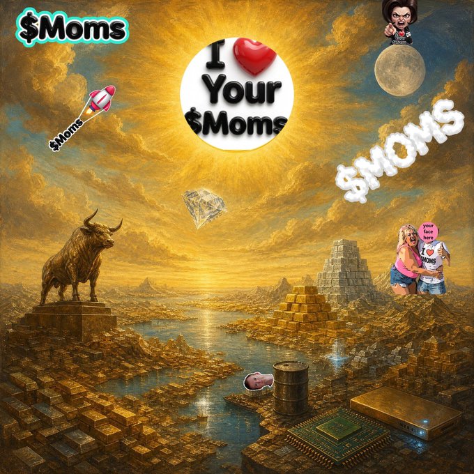 A surreal landscape painting depicting golden pyramids and a bull statue, overlaid with '$Moms' crypto-themed graphics including an 'I ❤️ Your $Moms' badge and various meme elements floating in a dramatic sky.