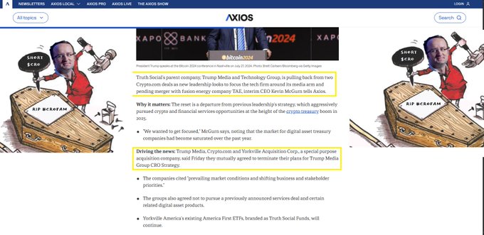 A screenshot of an Axios newsletter article titled "Trump Media pumps crypto companies" announces that Trump Media & Technology Group is pulling back from two crypto deals involving Crypto.com and Yorkville Acquisition Corp. (CRO), citing media-arm and pending merger issues. The post celebrates this as vindication for a short position on $CRO, claiming founder Kris has "scammed" the "CROFAM," with the $RIP MCROFAM cartoon tombstones on the page symbolizing the death of the token.