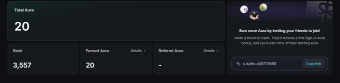 A user profile dashboard showing Total Aura of 20, Rank 3,557, Earned Aura 20, and a referral link for s.kaito.ai/BTVB88 to earn Aura by inviting friends.
