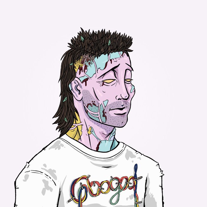 A stylized illustration of a zombie-like figure with patchwork skin, yellow glowing eyes, and a Gucci t-shirt made of safety pins and colorful wires.
