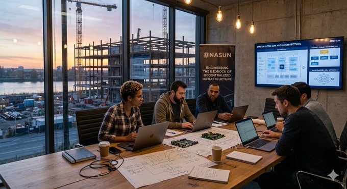 A group of people work on laptops around a table covered in blueprints, with a screen displaying 'NASUN' and text about 'ENGINEERING THE BEDROCK OF DECENTRALIZED INFRASTRUCTURE' visible behind them.