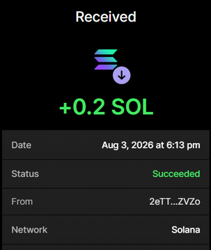This image shows a received transaction of "+0.2 SOL" on August 3, 2026, which corresponds to the post announcing the acquisition of 6 million $NOBULL for 0.2 SOL with a 200% bonus.