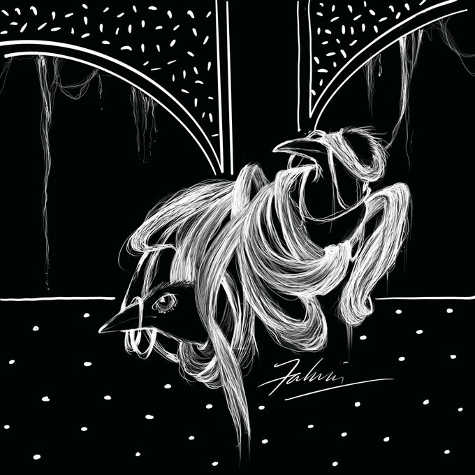 A black and white digital drawing by 'Falcrum' depicts a hooded skeletal figure wielding a large blade, standing over a small crow under archways with dripping elements.