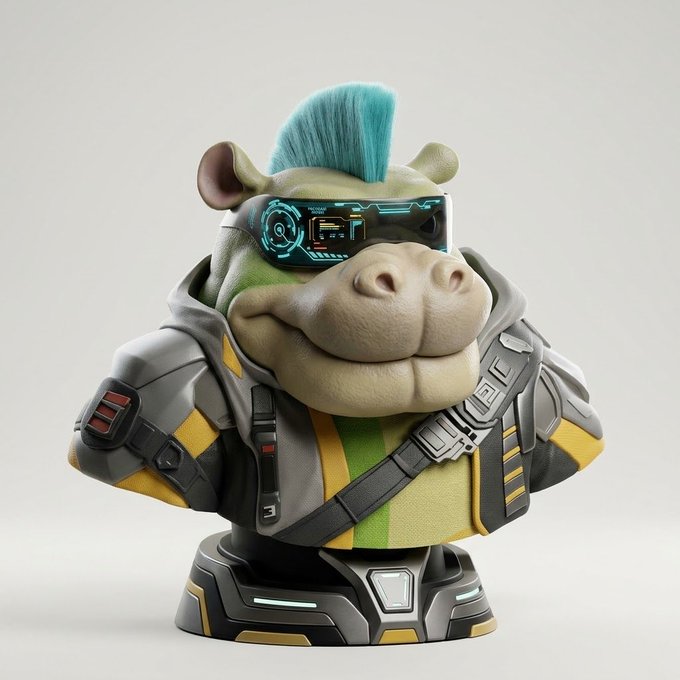 A 3D-rendered cyberpunk hippo bust figurine with a blue mohawk, glowing teal visor, and tactical gray/yellow armor on a display base.