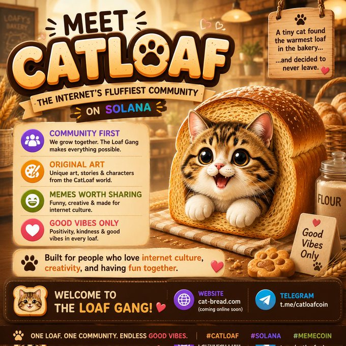 A promotional poster for 'CATLOAF' on Solana, billing itself as 'The Internet's Fluffiest Community' with a kitten in a bread loaf and details about community, art, memes, and good vibes.