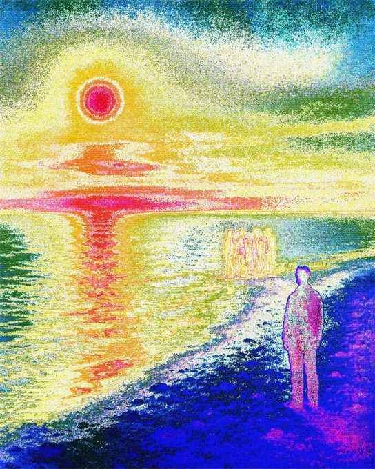A colorful pastel-style illustration depicting a figure standing on a shoreline watching a vibrant sunset over water, with another figure group visible in the distance.