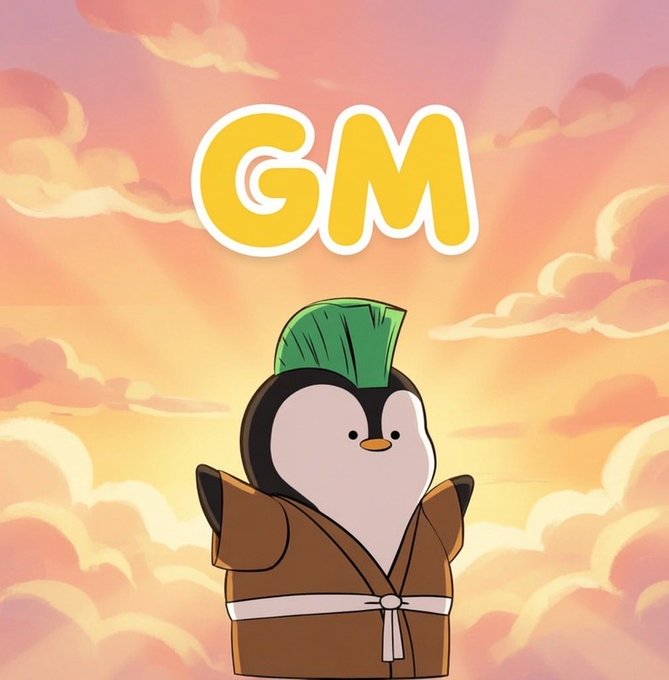 A cartoon penguin with a green mohawk wearing a brown robe stands against a sunset sky, with large yellow letters 'GM' above it.