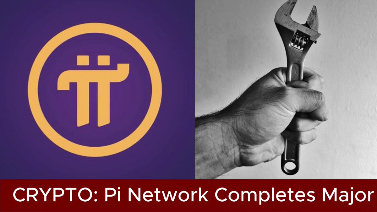 The image features a hand holding a wrench, with the text "Pi Network Completes Major Protocol Upgrade Pi Network ( @PiCoreTeam ) $PI says its upgrade to Protocol 24 has been completed successfully after what it described as one of the most challenging migrations to date." The hand is positioned over a purple circle that displays the Bitcoin symbol.