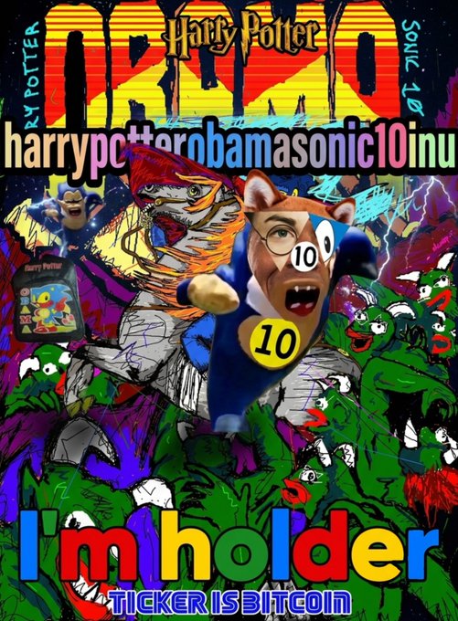 A chaotic meme-style image featuring characters like Harry Potter, a tiger, Peppa Pig, and Pepe frogs, with text reading "harrypotterobamasonic10inu", "SQUID", "10", and "I'm holder - TICKER IS BITCOIN".