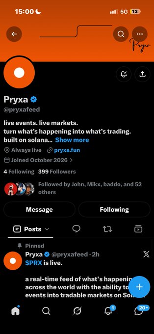 Twitter/X profile page for @pryxafeed (Pryxa), verified account with bio reading 'live events, live markets, turn what's happening into what's trading, built on solana...', showing 4 Following, 399 Followers, and a pinned post stating '$PRX is live'.