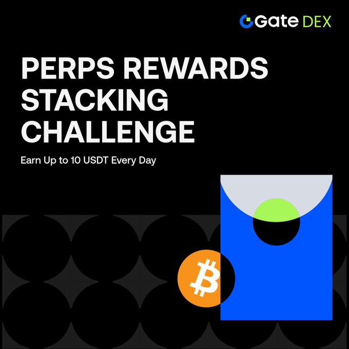 A promotional graphic for 'Gate DEX' advertising a 'PERPS REWARDS STACKING CHALLENGE' where users can 'Earn Up to 10 USDT Every Day,' featuring Bitcoin imagery.