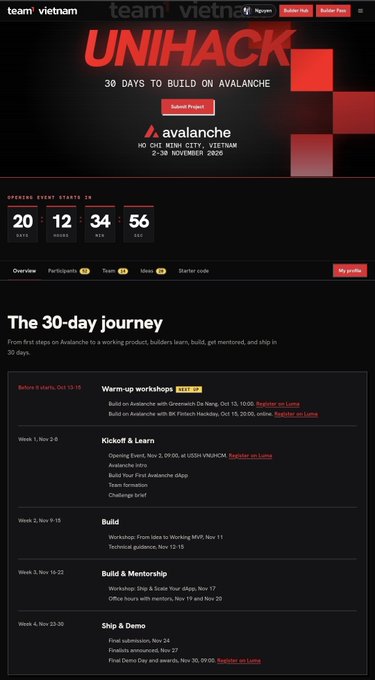 A webpage for the "UNIHACK" event by team vietnam, sponsored by avalanche, described as "30 DAYS TO BUILD ON AVALANCHE" taking place from 2-30 November 2026 in Ho Chi Minh City, Vietnam.