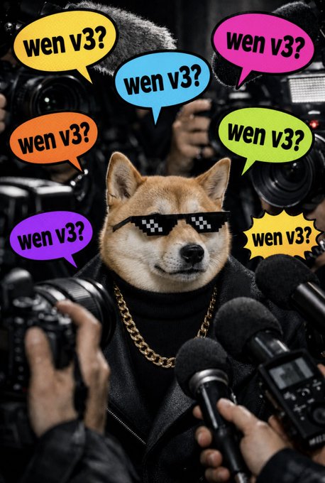 A Shiba Inu dog wearing pixelated 'deal with it' sunglasses and a gold chain surrounded by press microphones and cameras, with multiple speech bubbles asking 'wen v3?'.