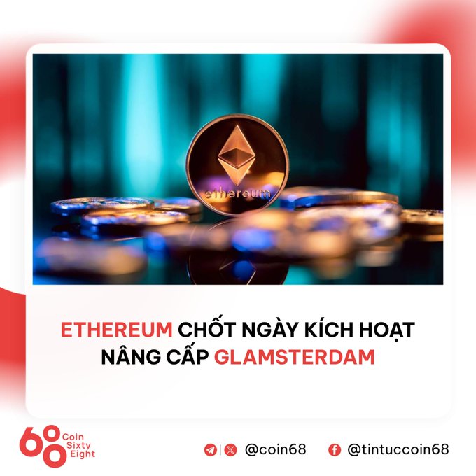 A news graphic featuring an Ethereum coin and the Vietnamese text 'ETHEREUM CHỐT NGÀY KÍCH HOẠT NÂNG CẤP GLAMSTERDAM' from Coin Sixty Eight (@coin68).