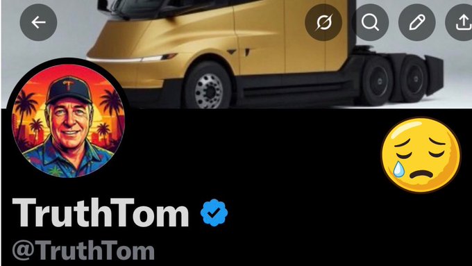 A Twitter profile screenshot for 'TruthTom' (@TruthTom) with a verified blue checkmark is displayed, featuring a crying emoji reaction next to an image of a gold truck.