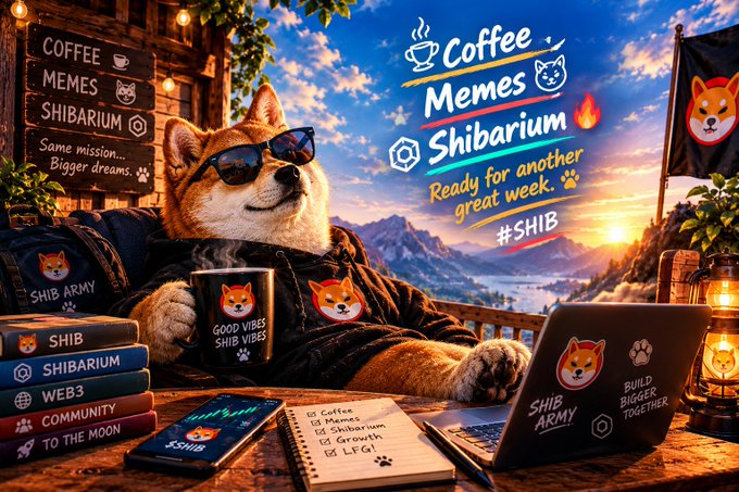 A vibrant digital illustration features a Shiba Inu wearing sunglasses holding a coffee mug, surrounded by 'Coffee, Memes, Shibarium' branding and a checklist including 'Growth' and 'LFG'.
