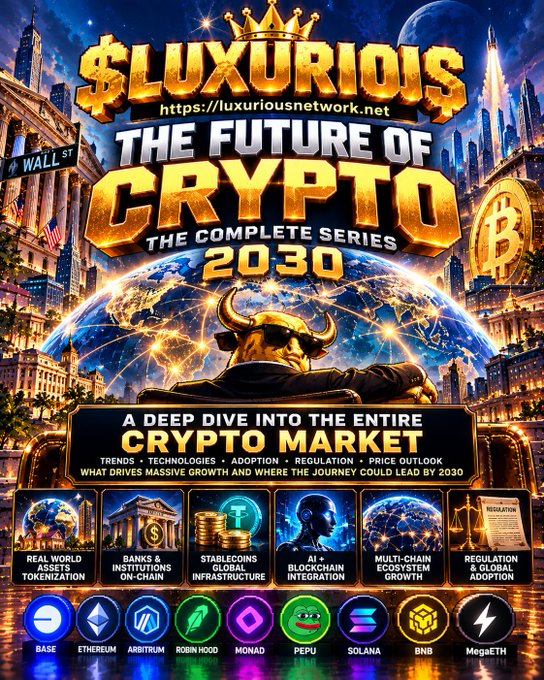 A promotional poster titled '$LUXURIOUS THE FUTURE OF CRYPTO THE COMPLETE SERIES 2030' advertises a deep dive into the entire crypto market, highlighting trends, technologies, adoption, regulation, and price outlook, with logos for Base, Ethereum, Arbitrum, Robin Hood, Monad, Pepe, Solana, BNB, and MegaETH.