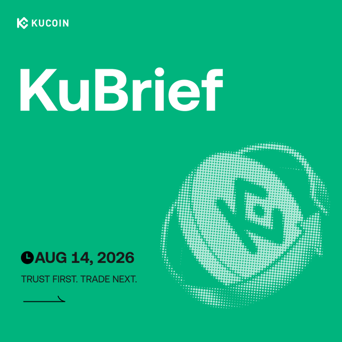 A green KuCoin promotional graphic titled "KuBrief" dated August 14, 2026, featuring the KuCoin logo and tagline "Trust First. Trade Next." The post celebrates KuCoin's achievement of the ISO 22301:2019 Certification, highlighting the company's commitment to business continuity, operational resilience, and security in the crypto industry as part of its global Trust Framework.