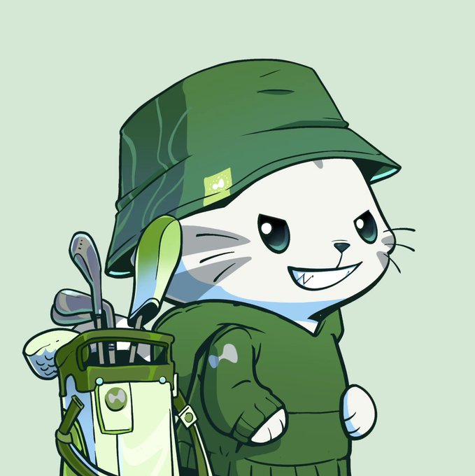 A cartoon illustration of a white cat character wearing a green bucket hat and green hoodie, carrying a golf bag with clubs.