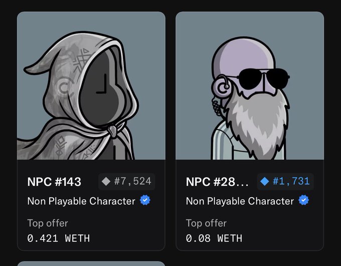 The image shows two cartoon characters with different appearances - one wearing a hooded cape and sunglasses, while the other has a beard and glasses. The caption below the images reads "0.42 eth offer for my Wisp? No thank you, we'r going to zero". This suggests that there is an item for sale on the post, possibly related to the characters or their stories.