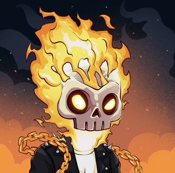 A flaming skull character with glowing yellow eyes, wearing a black leather jacket and gold chain, stares menacingly against a dark orange background. The fiery, rebellious imagery complements the post's message "Life is more beautiful with NFTs," suggesting the bold, transformative power of digital collectibles in adding excitement and edge to life.