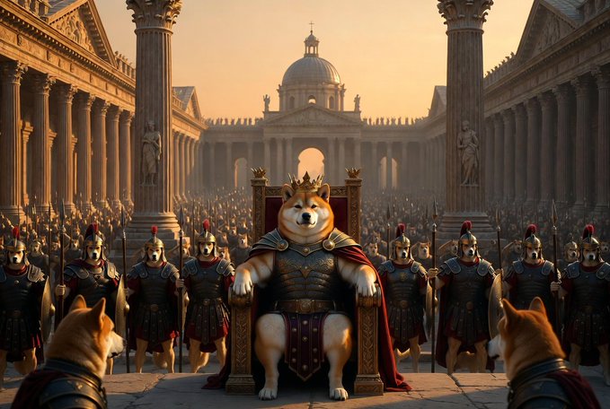 A Shiba Inu dog wearing a crown and royal robes sits on a throne in a Roman-style courtyard, flanked by rows of armored Shiba Inu Roman soldiers.