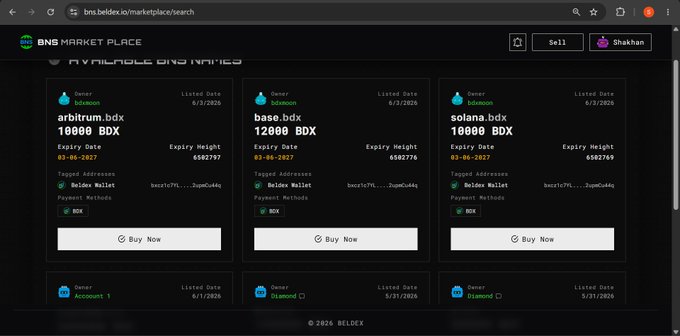 The BNS Marketplace website displaying three available BNS names for sale: arbitrum.bdx, base.bdx, and solana.bdx, each priced at 10,000 BDX with a Buy Now button.