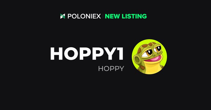 A Poloniex cryptocurrency exchange listing announcement features a cartoon frog mascot with the token name HOPPY1 / HOPPY.