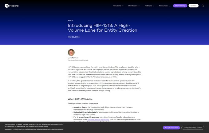 A screenshot of a blog post on the Hedera website titled 'Introducing HIP-1313: A High-Volume Lane for Entity Creation' by Luke Forrest, dated May 22, 2026.