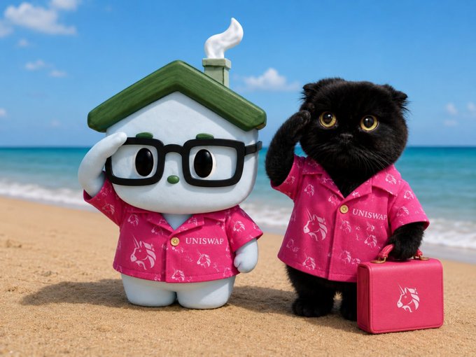A cute cartoon house character and a black cat stand on a tropical beach, both wearing matching pink "UNISWAP" Hawaiian shirts, with the cat holding a small pink suitcase. The image playfully depicts a unified "army" rallying behind Uniswap, visualizing the post's message of joining the "war" in support of the protocol.