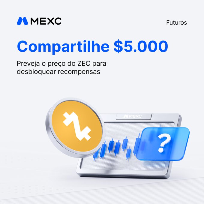 A promotional graphic for MEXC Futures in Portuguese invites users to share $5,000 by predicting the price of ZEC, showing a 3D render of the Zcash coin and a device displaying a trading chart.