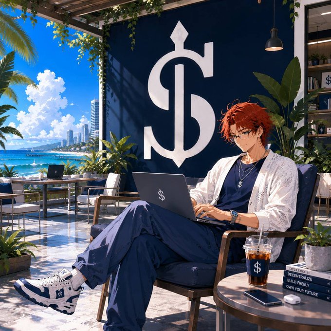 Anime-style artwork of a red-haired character with glasses working on a laptop, featuring a large dollar sign logo and books with titles like "DECENTRALIZE" and "BUILD FREELY".