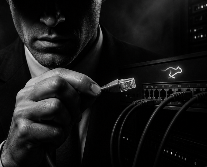 A black-and-white photo of a hooded man in a suit holding an unplugged Ethernet cable next to a network switch with a glowing logo.