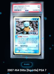 A PSA 7 graded 2007 Squirtle #64 Pokémon card in a protective PSA case, labeled 'RARE' and dated 2007.