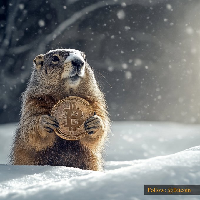 A groundhog stands in a snowy landscape holding a Bitcoin coin, with the caption "Follow: @Bitcoin" visible in the bottom right corner. The image whimsically connects to the $78,205.96 Bitcoin price by using the groundhog as a mascot for the cryptocurrency, with the falling snow adding a wintery atmosphere to the scene.