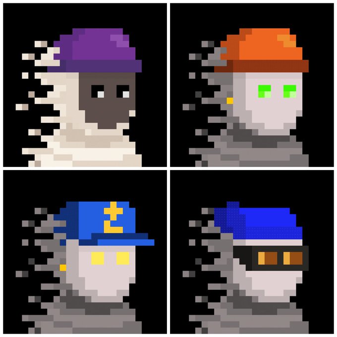 Four pixel art character portraits arranged in a grid, each wearing a different colored beanie (purple, orange, blue and yellow with "t", blue with goggles) against a black background, all emerging from grey smoke.