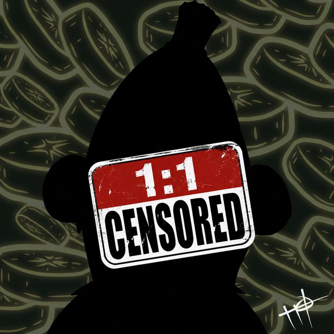 A silhouette of a character with a topknot, reminiscent of Monkey D. Luffy, covered by a large '1:1 CENSORED' sign against a dark background patterned with glowing green smiles.
