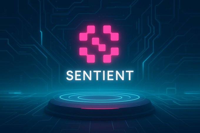 The image features a large, circular platform with the word "Sentient" written above it. Below this, there are pink squares arranged in a pattern that reads "SENTIENT". The background of the image is dark blue, which contrasts with the pink squares and makes them stand out more prominently. In the bottom right corner of the image, there's text that says "Google' s SkillOS paper citing EvoSkill first signals a hard stop to brute-forcing parameter counts. The engineering meta has officially shifted".
