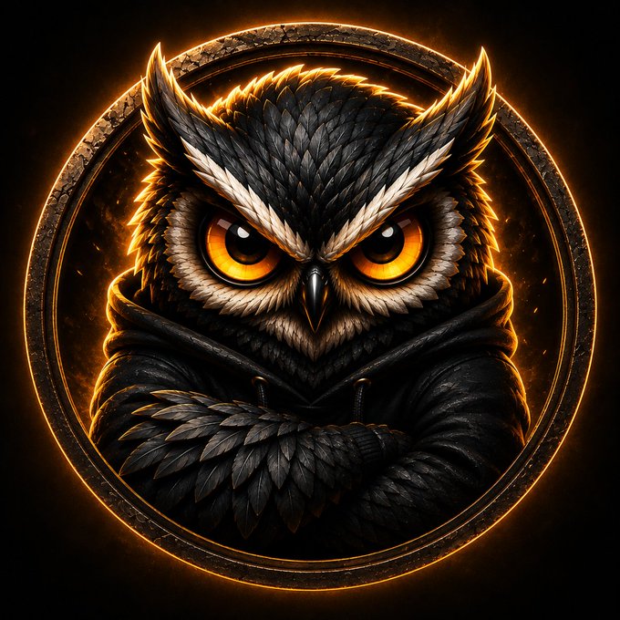 A digital illustration of an owl with striking orange eyes wearing a black hoodie, framed within a glowing circular border on a dark background.